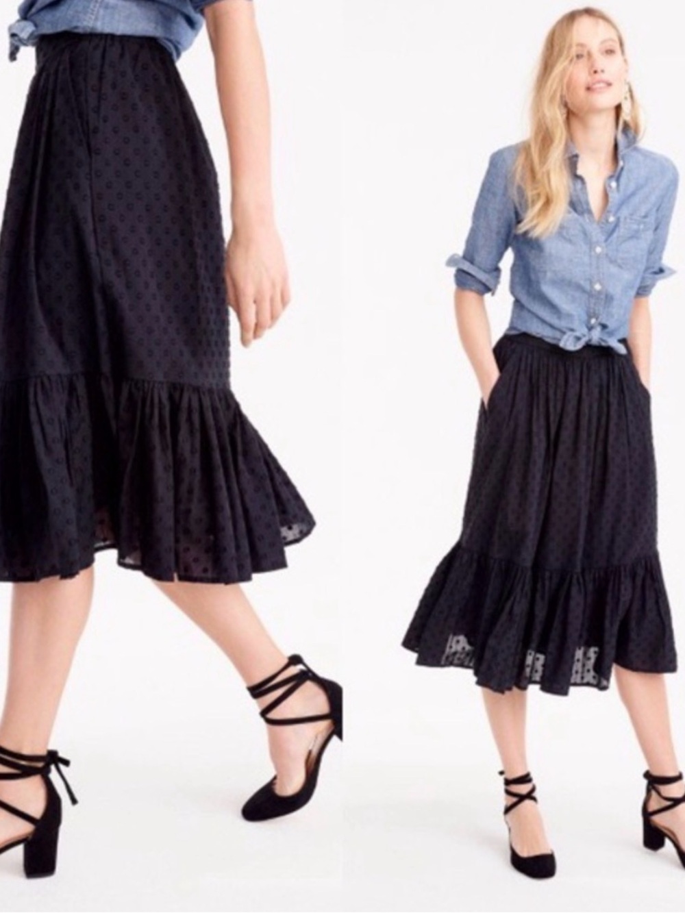 Vintage J. Crew Black clip-dot Swiss Dot Ruffle Hem Skirt with pockets